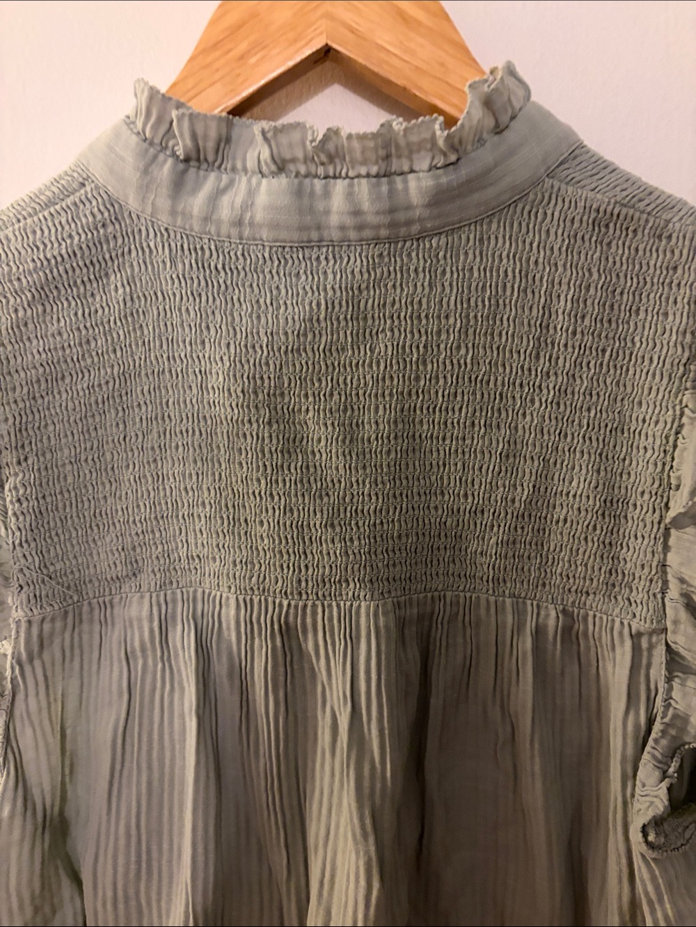 J. Crew Sage Green Smocked Cap-Sleeve Button Front Top - Picture 5 of 8
